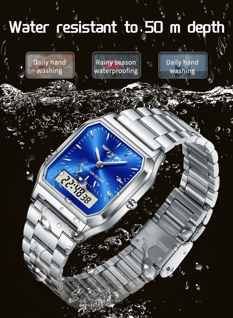 SANDA Luxury Mens Watches Stainless Steel Women LED Digital Dual Display Clock Unisex Waterproof Sports Quartz Watch - Image 4