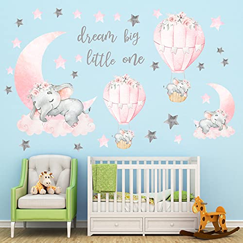 WEWINLE Dream Big Little One Elephant Wall Stickers, Pink Moon Hot Air Balloon Grey Stars Wall Decals for Nursery Kids Room Living Room Bedroom Decorations Home Decor - Image 4