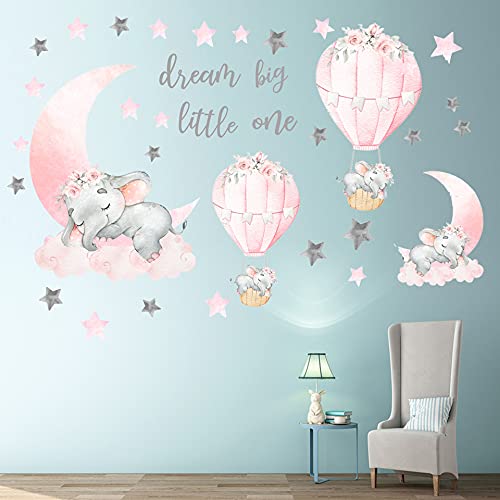 WEWINLE Dream Big Little One Elephant Wall Stickers, Pink Moon Hot Air Balloon Grey Stars Wall Decals for Nursery Kids Room Living Room Bedroom Decorations Home Decor - Image 3