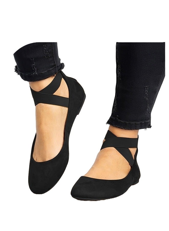 RIOXS Women's Flat Loafers, Elastic Ankle Strap Pointed Toe Ballet Flats, Stylish Ladies Dress Shoes, Slip-on Dance Shoes, Soft Comfy Work Loafers for Standing, Anti-slip Penny Flats for Business/ Office/ Driving, Casual Black Flats Womens Footwear - Image 1