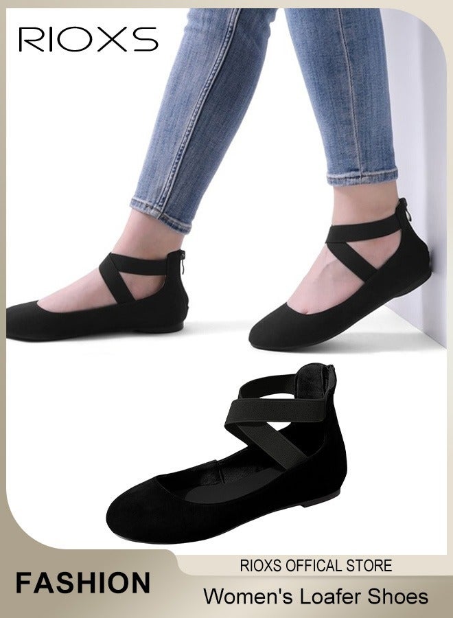 RIOXS Women's Flat Loafers, Elastic Ankle Strap Pointed Toe Ballet Flats, Stylish Ladies Dress Shoes, Slip-on Dance Shoes, Soft Comfy Work Loafers for Standing, Anti-slip Penny Flats for Business/ Office/ Driving, Casual Black Flats Womens Footwear - Image 3