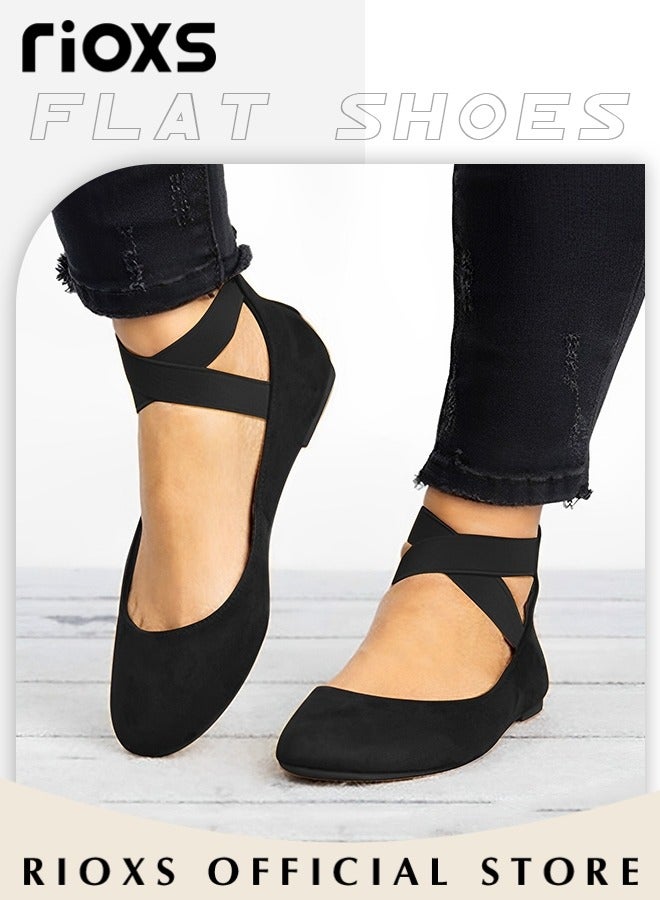 RIOXS Women's Flat Loafers, Elastic Ankle Strap Pointed Toe Ballet Flats, Stylish Ladies Dress Shoes, Slip-on Dance Shoes, Soft Comfy Work Loafers for Standing, Anti-slip Penny Flats for Business/ Office/ Driving, Casual Black Flats Womens Footwear - Image 4