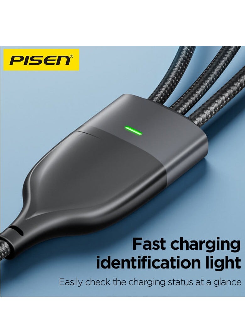 100W USB C to Multi Fast Charging Cable USB A/C to 3-in-1 Long Braided Data Charging Cable with Type C +Micro USB +Lightning Connector Universal Charger for Mobile Laptop iPhone i-Pad 1.2m - Black