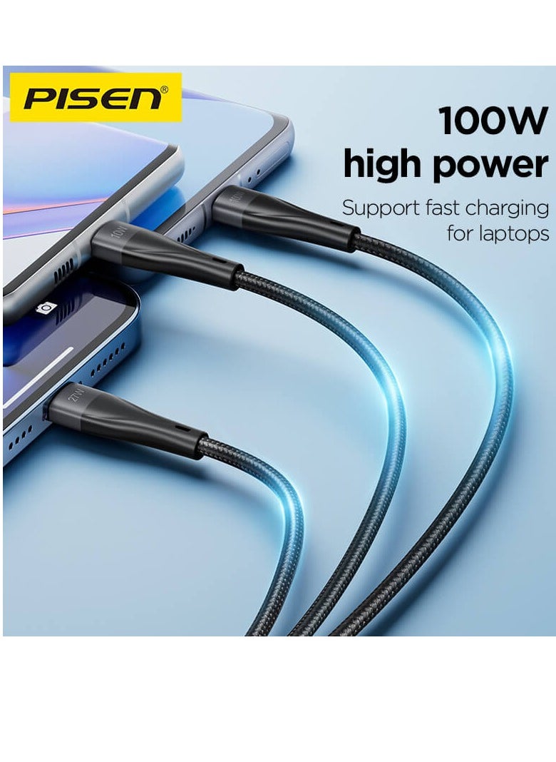 100W USB C to Multi Fast Charging Cable USB A/C to 3-in-1 Long Braided Data Charging Cable with Type C +Micro USB +Lightning Connector Universal Charger for Mobile Laptop iPhone i-Pad 1.2m - Black