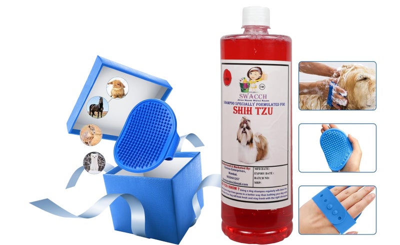 swacch Shampoo | Puppy Safe Shampoo | PH Balanced | Shih Tzu Dog Shampoo 1 Litre Strawberry + | Rubber Bath Brush with Adjustable Straps | Pet Massage | Soothing Bristles Hand Brush I Combo Pack - Image 2
