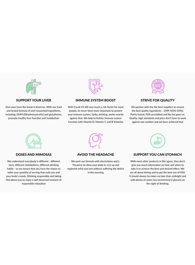 HOI - مكمل استقلاب الكحول - العلامات التجارية الأخرى باهظة الثمن بشكل غير عادل! مع DHM و L-جلوتاثيون لدعم الكبد، والإلكتروليتات للترطيب والفيتامينات والمعادن لدعم المناعة. - Image 2