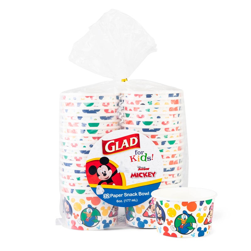 Glad for Kids Disney Mickey & Friends Disposable Paper Snack Bowls, Lids Not Included - Heavy Duty, Microwavable, Disposable Snack Cups with Lid for Soup or Ice Cream, 6 Ounce, 32 Count - Image 1