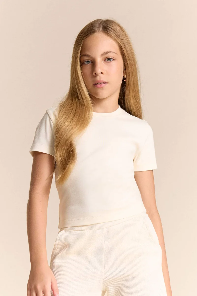 ديفاكتو Girl Slim Fit Crew Neck Ribbed Short Sleeve T-Shirt