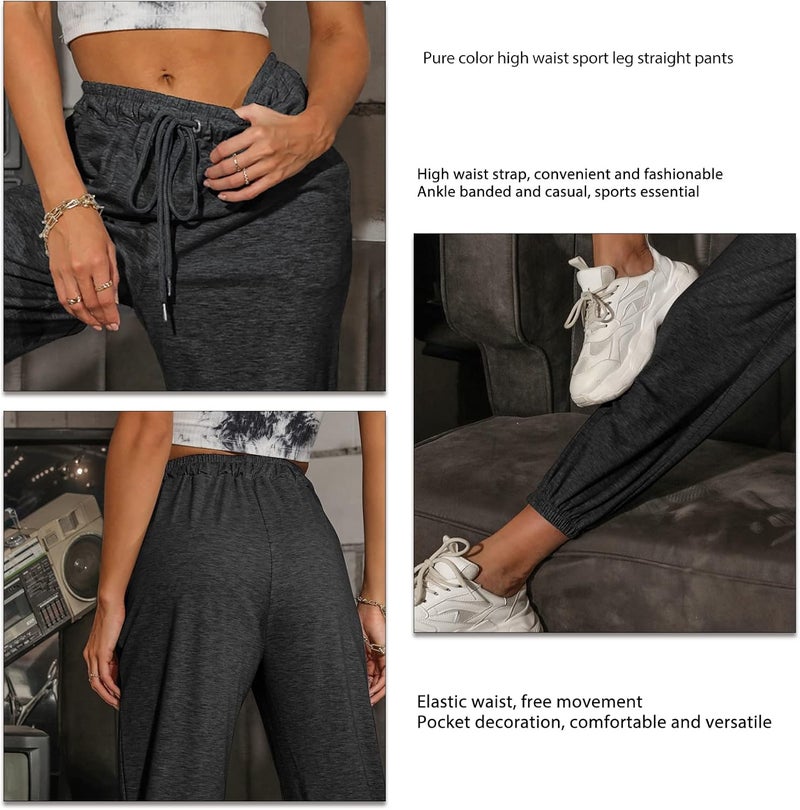 klarako Women Sports Pants Casual Elastic Waist Straight Leg Trouser Solid Color Ankle Banded Sweatpants for Jogging Training Workout(S-Dark Gray) - Image 3