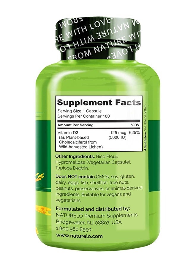 NATURELO Vitamin D3 Capsules Plant Based From Lichen 5000 IU 125 Mcg -Formulated to Support Bone,Teeth & Immune Health - Dietary Suppement 180 Easy Swallow Capsules - Image 3