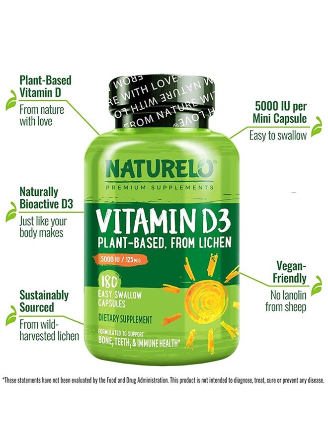NATURELO Vitamin D3 Capsules Plant Based From Lichen 5000 IU 125 Mcg -Formulated to Support Bone,Teeth & Immune Health - Dietary Suppement 180 Easy Swallow Capsules - Image 4