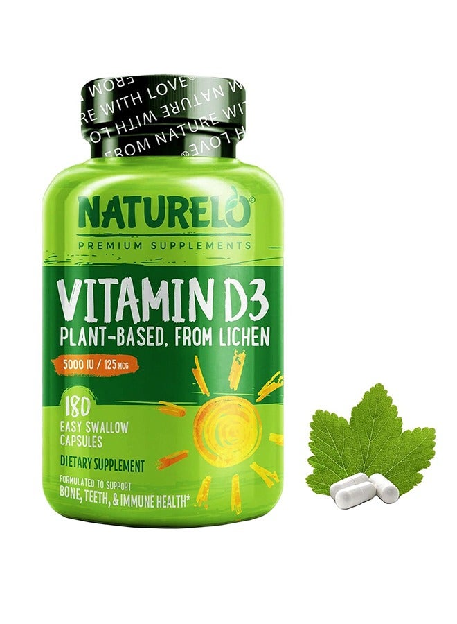 NATURELO Vitamin D3 Capsules Plant Based From Lichen 5000 IU 125 Mcg -Formulated to Support Bone,Teeth & Immune Health - Dietary Suppement 180 Easy Swallow Capsules - Image 1