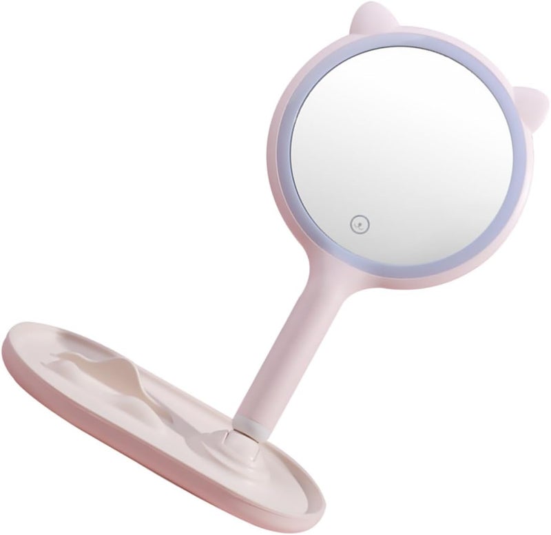 Touch Screen LED Makeup Mirror with Light, USB Rechargeable Portable Double-Sided Cosmetic Mirror for Travel and Desktop Use, Pink - Image 1
