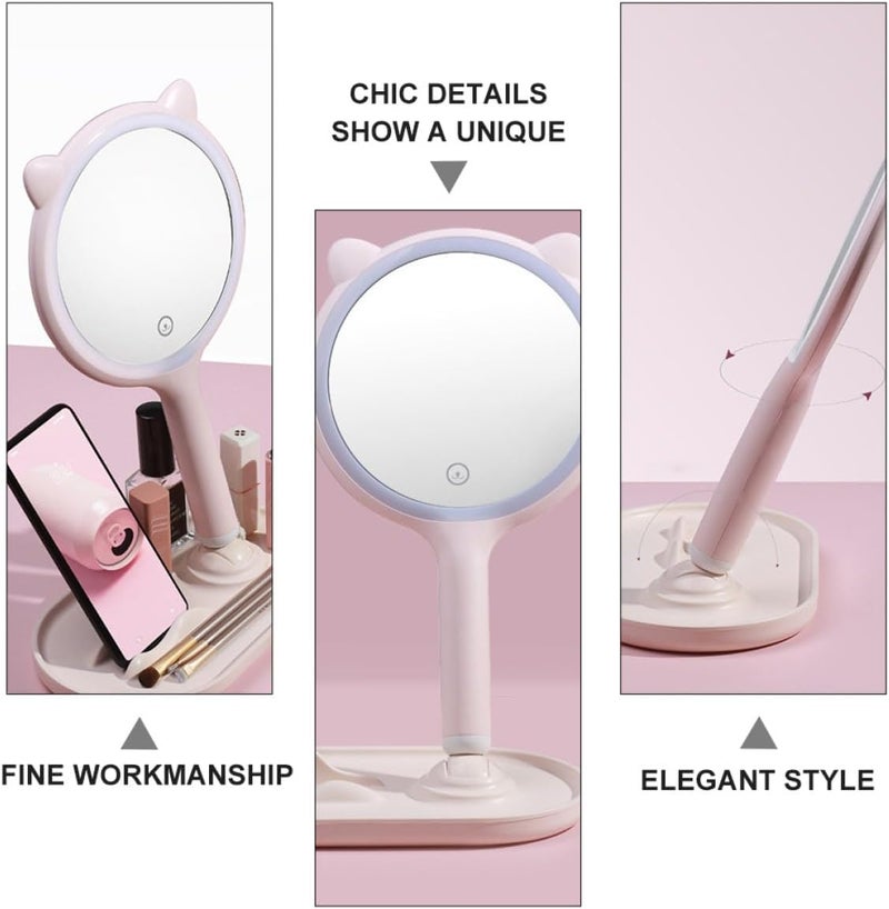 Touch Screen LED Makeup Mirror with Light, USB Rechargeable Portable Double-Sided Cosmetic Mirror for Travel and Desktop Use, Pink - Image 3