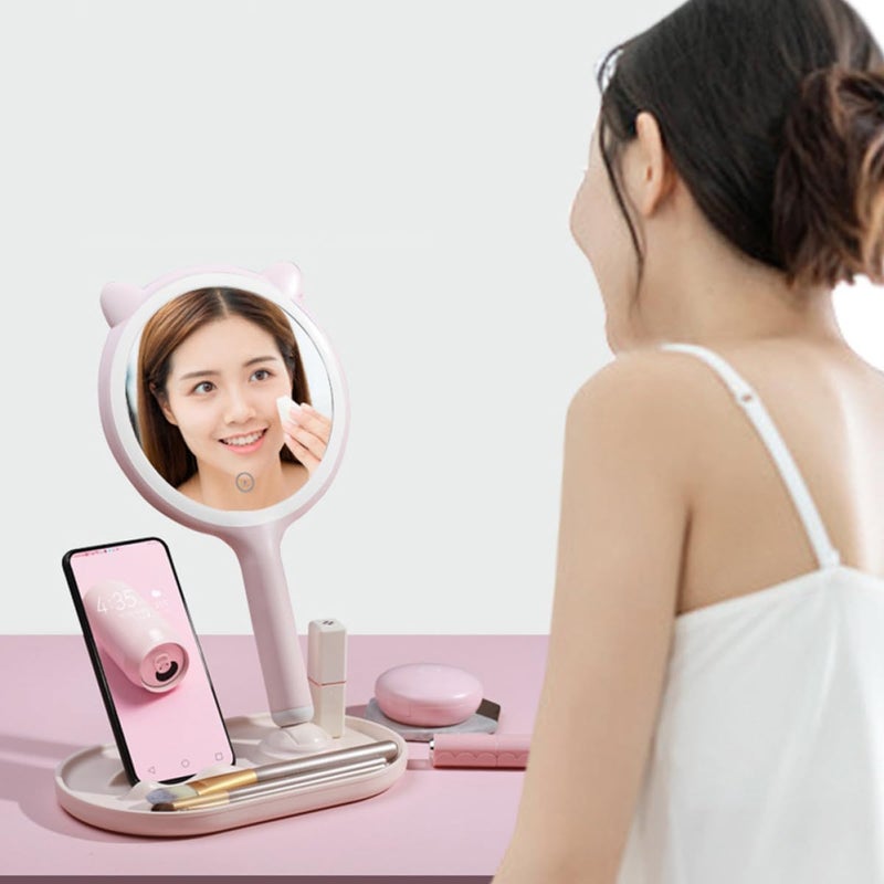 Touch Screen LED Makeup Mirror with Light, USB Rechargeable Portable Double-Sided Cosmetic Mirror for Travel and Desktop Use, Pink - Image 5
