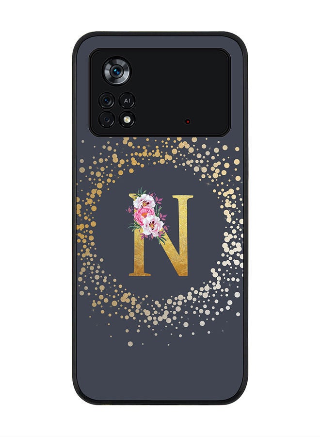 Stylizedd Rugged Black edge case for Poco M4 Pro 4G Slim fit Soft Case Flexible Rubber Edges Anti Drop TPU Gel Thin Cover - Custom Monogram Initial Letter Floral Pattern Alphabet - N (Grey ) - Image 1