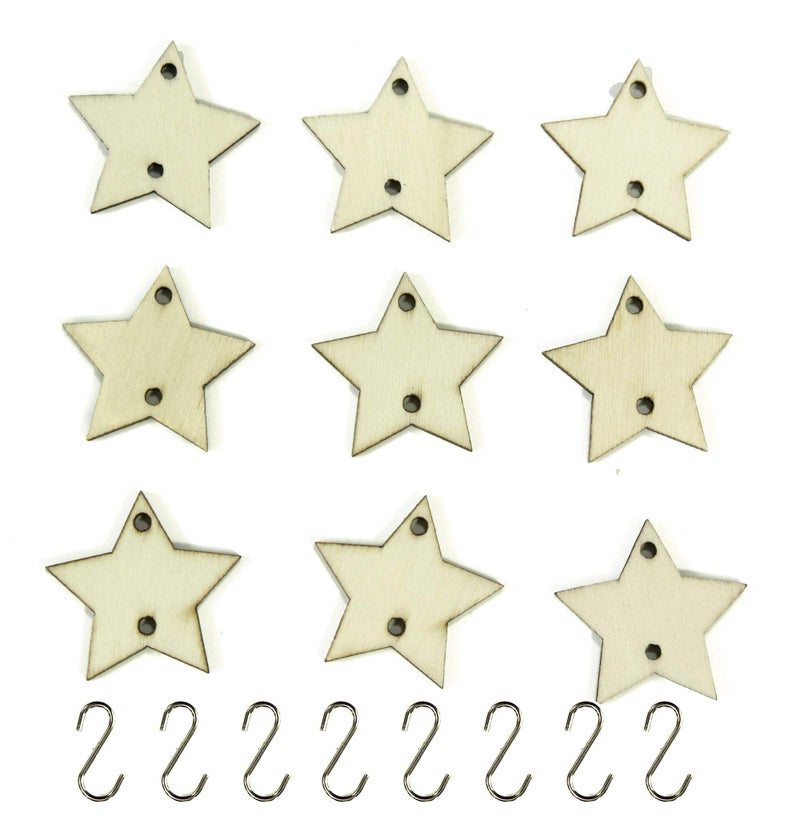 All In One Wooden Ornaments Tags with Holes and S Hook Connectors for DIY Craft Birthday Boards Valentine Chore Boards Holiday Star 30mm  100pcs