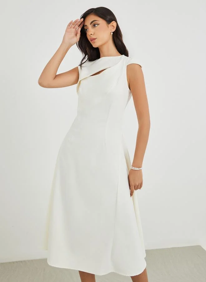 Styli Styli Solid Asymmetric Neckline A-Line Midi Dress