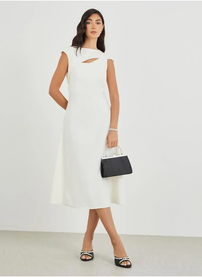 ستايلي Styli Solid Asymmetric Neckline A-Line Midi Dress
