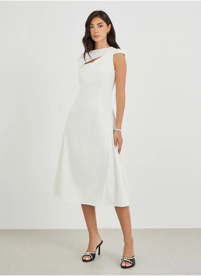 ستايلي Styli Solid Asymmetric Neckline A-Line Midi Dress