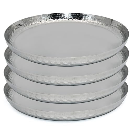UBIQ Essentials Stainless Steel Dinner Plates Hammered Finish, Premium Steel Thali for Lunch, Dinner Plate, Tiffin Plates, Ideal for Home & Restaurant I 30 cm Plate (Set of 4) - Image 1