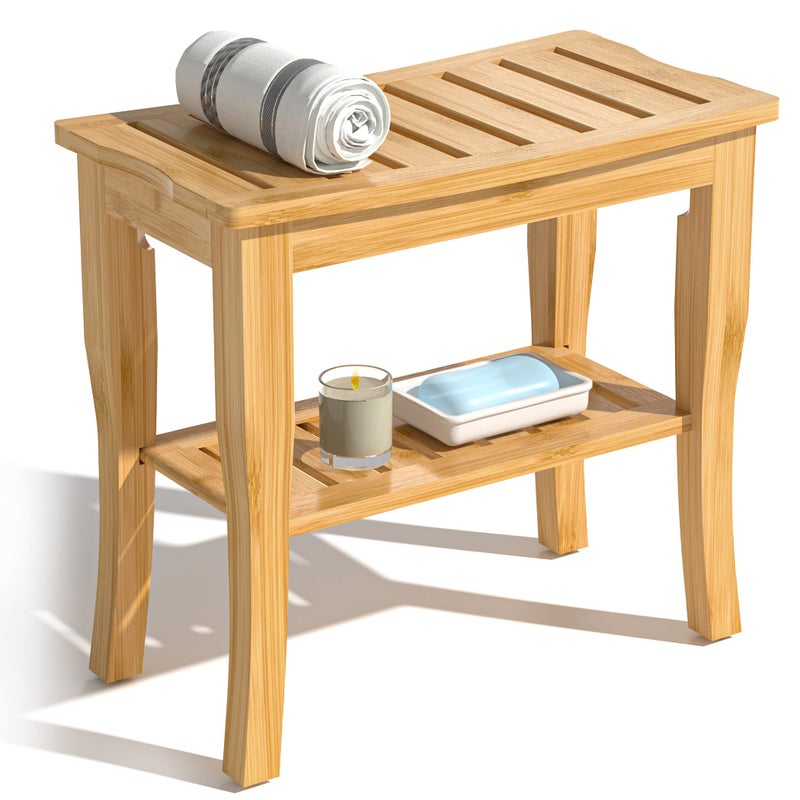 Domax Bamboo Shower Bench  Stool Waterproof  Wood Shower Bench with Storage Shelf for Inside ShowerClassic Natural 