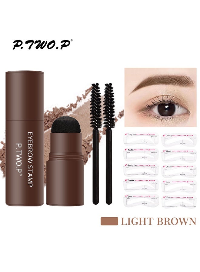 P.TWO.P EyeBrow Stamp Stencil Kit, Waterproof Brow Stamp Shaping Kit Eye Brow Definer & Filling Powder, Women Makeup Tools with 10 Reusable Eyebrow Stencils, 2 Brushes (#01 Light Brown) - Image 1