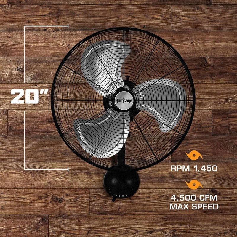 Hurricane Pro High Velocity Oscillating Metal Wall Mount Fan w/ 3 Speeds, Black, 20" - Corded Electric Air Cooling Unit w/ Powerful 4500 CFM Airflow for Home, Garage, Gym, Workshop & Greenhouse - Image 2
