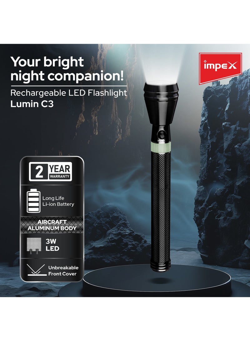 إمبكس 3 pcs كشاف يدوي قابل لإعادة الشحن، LED كري 3 واط، بطارية 3000 مللي أمبير، مدى 300 متر، إضاءة 140-160 لومن، هيكل من الألمنيوم المقاوم للتآكل، وقت تشغيل 4-8 ساعات، شحن خلال 8 ساعات، جهد 220-240 فولت، ضمان سنتين – Lumin C3 – أسود - Image 3