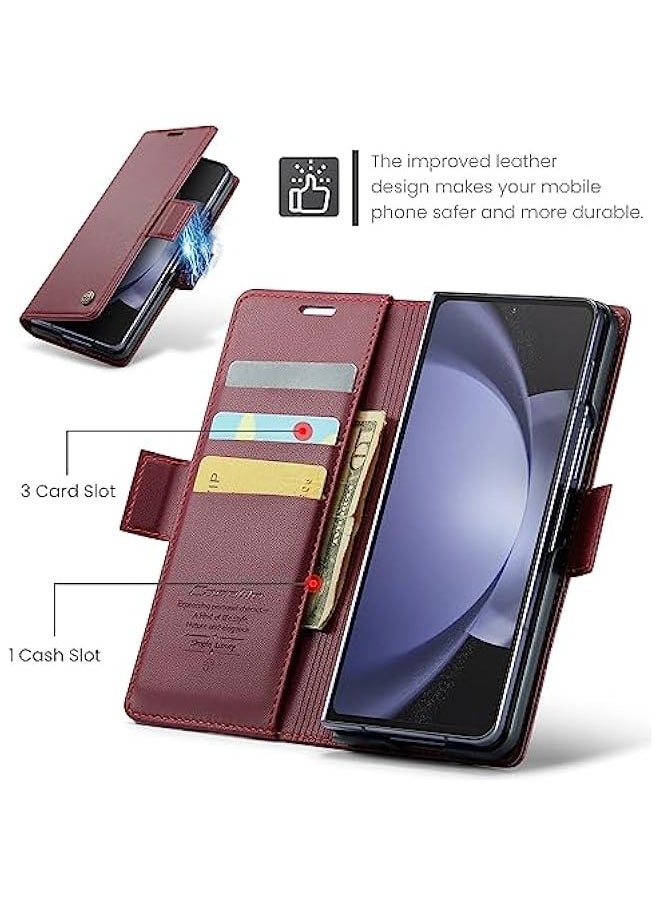 Samsung Galaxy Z Fold 5 5G Wallet Case - Red Leather Folio Cover with RFID Blocking, Card Holder, and Kickstand  - Image 2