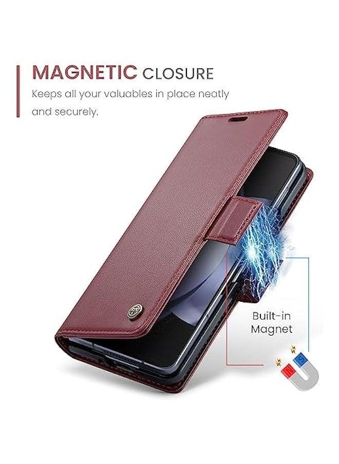 Samsung Galaxy Z Fold 5 5G Wallet Case - Red Leather Folio Cover with RFID Blocking, Card Holder, and Kickstand  - Image 4