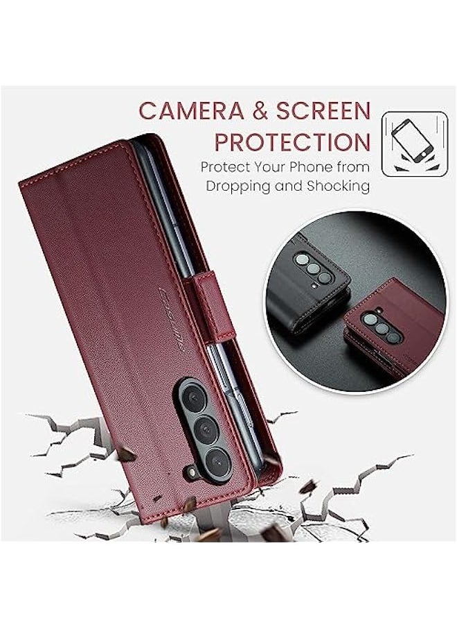 Samsung Galaxy Z Fold 5 5G Wallet Case - Red Leather Folio Cover with RFID Blocking, Card Holder, and Kickstand  - Image 5
