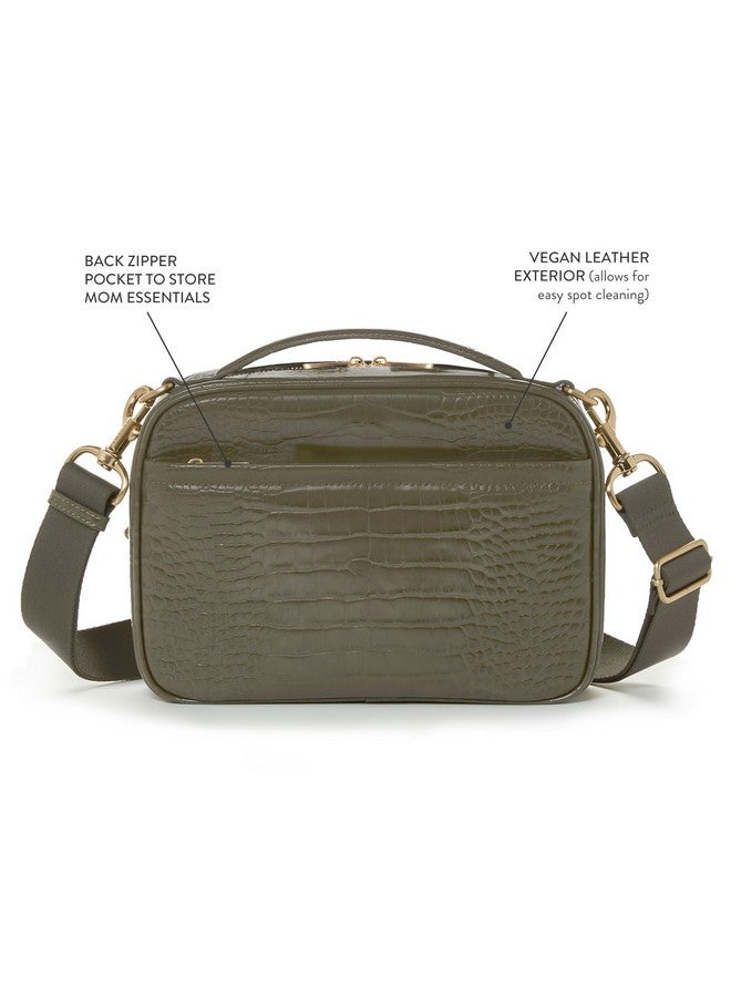 TWELVElittle Luxe Diaper Clutch Crossbody Diaper Bag With Portable Changing Pad Zip Out Pouch And Wipes Case Olive Croc - Image 3