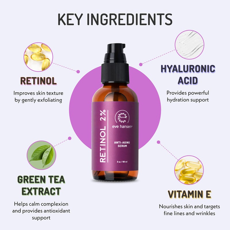 Eve Hansen Retinol Serum for Face 2% | (2oz) Facelift in a Bottle Wrinkle Filler Pore Minimizer Anti Aging Serum | Organic Retinol Anti Wrinkle Serum, Vitamin A Serum, Hyaluronic Acid - Image 2