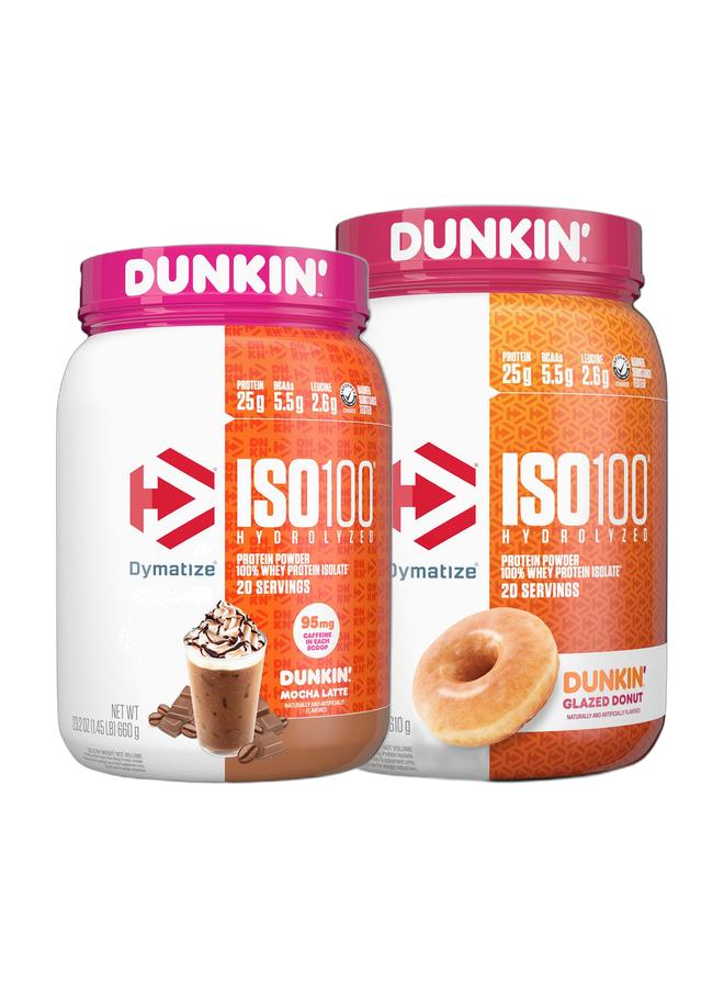 Dymatize Exclusive Bunde Offer - Dymatize x Dunkin' Glazed Donut ISO100 Whey Protein Powder, 25g of Protein, 20 Servings, and Dymatize x Dunkin' Mocha Latte ISO100 Whey Protein Powder, 95mg Caffeine, 25g of Protein, 20 Servings - Image 1
