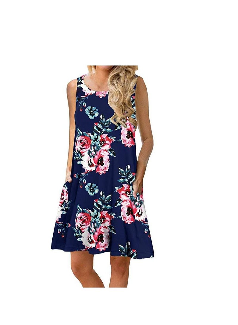 Loquat Women New Sleeveless Print Round Neck Vest Dress
