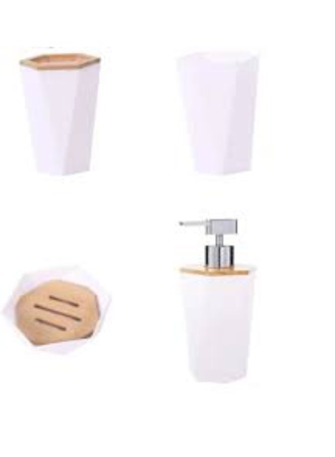 مجموعة إكسسوارات حمام أنيقة مكونة من 3 قطع تشمل موزع صابون، حامل فرش أسنان، وصينية، بتصميم عصري باللون الأبيض يضفي لمسة نظافة وترتيب للحمام. - Image 2