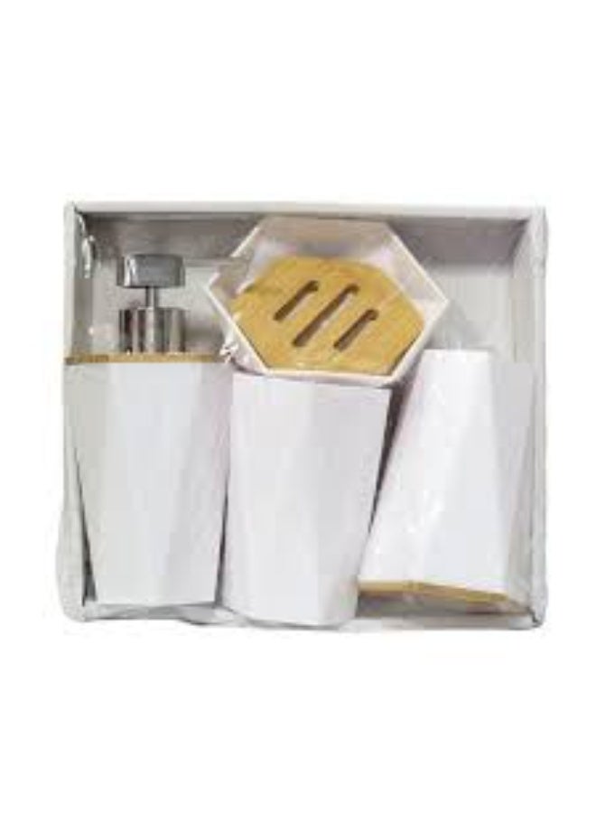 مجموعة إكسسوارات حمام أنيقة مكونة من 3 قطع تشمل موزع صابون، حامل فرش أسنان، وصينية، بتصميم عصري باللون الأبيض يضفي لمسة نظافة وترتيب للحمام. - Image 1