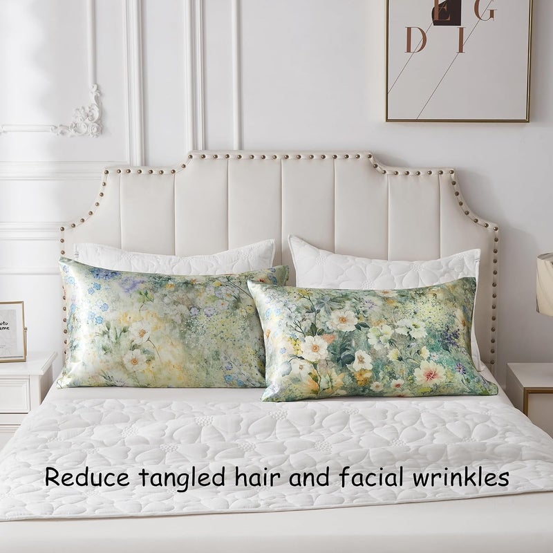 URLINENS غطاء وسادة من الساتان عبوة من 2 مشابه لأغطية الوسائد الحريرية مقاس كوين، غطاء وسادة ناعم للنساء للنوم مع إغلاق مغلف، هدية للنساء والفتيات، زهرة بالألوان المائية، 20×30 بوصة - Image 2