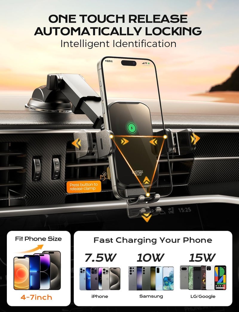 CHGeek Wireless Car Charger Phone Holder Mount, 15W Fast Charging Auto Clamping Phone Holders for Your Car Dashboard Windshield Air Vent Car Accessories for iPhone, Samsung Galaxy, Google Pixel etc - Image 4