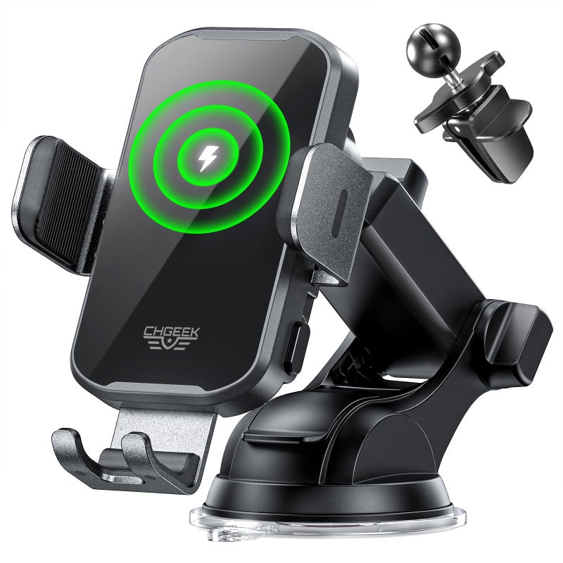CHGeek Wireless Car Charger Phone Holder Mount, 15W Fast Charging Auto Clamping Phone Holders for Your Car Dashboard Windshield Air Vent Car Accessories for iPhone, Samsung Galaxy, Google Pixel etc - Image 1