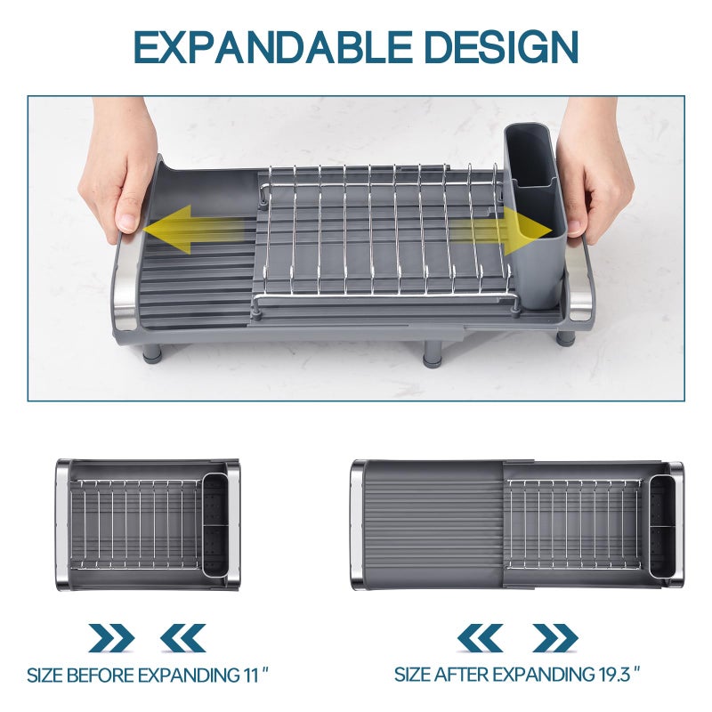TOOLF Expandable Dish Rack, Compact Dish Drainer, Stainless Steel Dish Drying Rack with Removable Cutlery Holder, Anti Rust Plate Rack, Small Sink Drainer for Sink or Kitchen Countertop - Image 2