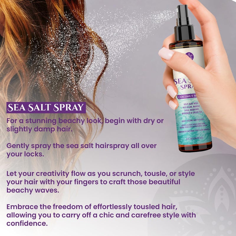 Nuva Botanicals Coconut Sea Salt Spray for Hair - Texturizing Spray Salt Water Spray for Hair with Castor Oil, Aloe Vera, Red Algae Extract, Kelp - Sea Salt Hair Spray with Raspbery, Green Tea Texture Spray (2 Pack) - Image 2