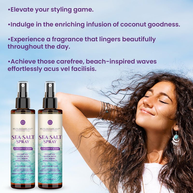 Nuva Botanicals Coconut Sea Salt Spray for Hair - Texturizing Spray Salt Water Spray for Hair with Castor Oil, Aloe Vera, Red Algae Extract, Kelp - Sea Salt Hair Spray with Raspbery, Green Tea Texture Spray (2 Pack) - Image 3