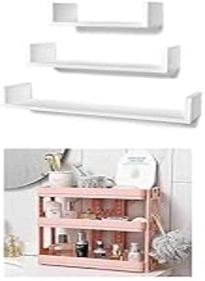 OR STOREMIC U-Shaped Floating Mounted Shelves for Wall 50cm, 35cm, 25cm, Easy to Install White, Pack of 3 + Organizer and Storage Racks With 3 Shelves For Home - Pink 