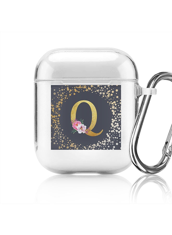 Stylizedd Classic Clear printed Case for Apple Airpods 2 / 1 Soft TPU Gel Thin Transparent Flexible Cover - Custom Monogram Initial Letter Floral Pattern Alphabet - Q (Grey ) - Image 1