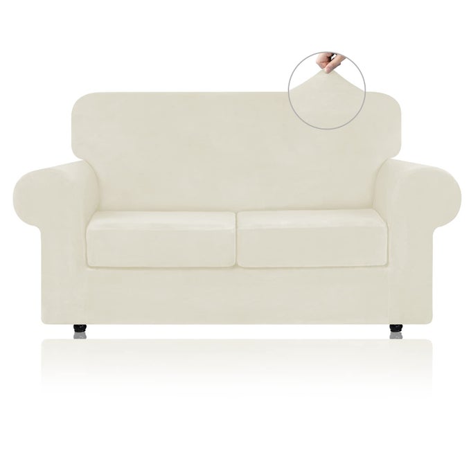 Velvet Couch Covers for 2 Cushion Couch Sofa High Stretch Luxury Velvet Plush 3 Pieces Sofa Slipcovers with Elastic Bottom Furniture Protector for Pets Machine Washable Ivory Medium