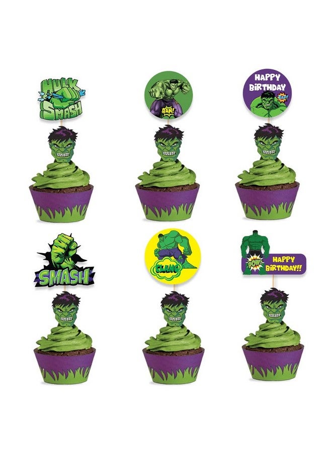 Festiko® Set of 6 Pcs Superhero Hullk Theme Happy Birthday Cupcake Topper, Cake Decoration Supplies, superhero theme birthday decorations - Image 1