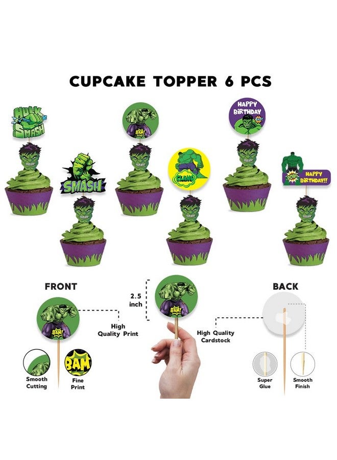 Festiko® Set of 6 Pcs Superhero Hullk Theme Happy Birthday Cupcake Topper, Cake Decoration Supplies, superhero theme birthday decorations - Image 2