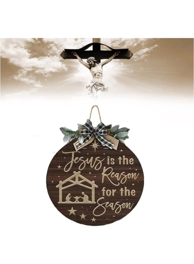 klarako Kolarmo Wooden Christmas Decoration Door Sign Jesus Xmas Savior Plaque for Home Porch ​for Christmas Wall Decor Front Door Decor, Round Welcome Sign Wreath, Home Farmhouse Front Porch Door Decoration - Image 1